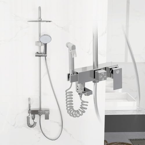 Conjunto de Ducha Cromado con Cabezal Cuadrado Efecto Lluvia y Ducha de Mano, Barra Cuadrada de Altura Ajustable para Bañera o Sistema de Ducha (SSJ01)