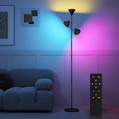 HOMCOM Lampada da Terra a Piantana con 3 Teste Regolabili Indipendenti, Telecomando e Timer, Lampadario LED in Acciaio e Plastica, Ø25x170 cm, Nero