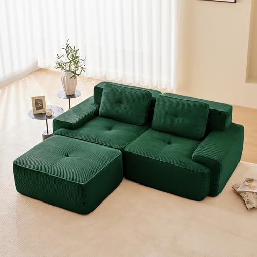 Sofá modular de pana en forma de L, sofá cama con taburete otomano, sofá de salón con comodidad y apoyo de asiento bajo, sin montaje, sofá sin boneless de espuma 32D de alta elasticidad (verde, 2