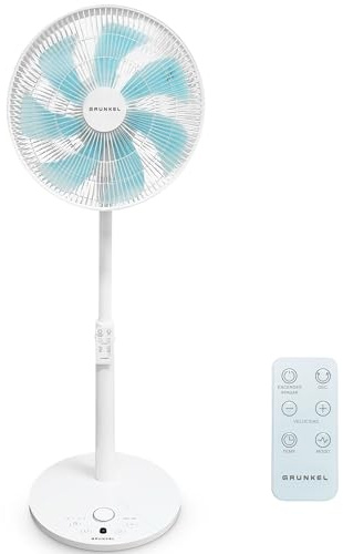 Grunkel Ventilador de Pie Ultrasilencioso PS de 36cm 14” | 12 Velocidades | 7 Aspas | Oscilación 100° | Temporizador 12h | Mando a Distancia | 30W (Blanco control cabezal)