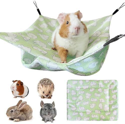2 Pièces Hamac et Tapis pour Petits Animaux en Soie Glacée, Lit Suspendu Double Couche avec Motif Lapin 28x28 cm + Tapis 15x20 cm, pour Hamster Cochon d'Inde Rat (Vert)