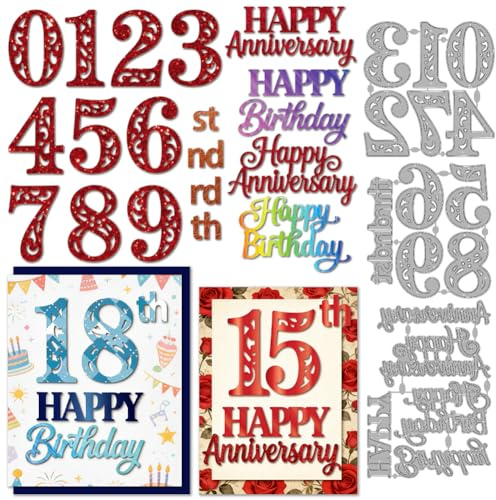 MAYJOYDIY Happy Birthday Metal Die Cuts Happy Anniversary Cutting Dies Numbers Embossing Template Best Wishes Carbon Steel Cutting Stencils for Card Making Scrapbooking Album Gift Decoration