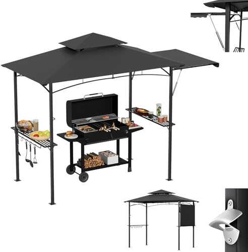 LZQ Grillpaviljong med sidomarkis dubbeltak BBQ paviljong grilltak med hyllor krokar flasköppnare väderbeständig grilltält trädgårdspaviljong grillskydd med hydraulisk stång, grå
