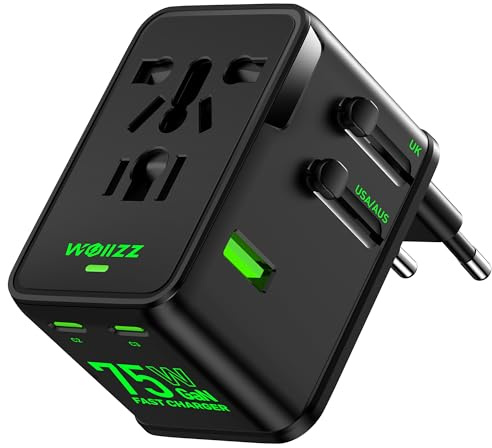 75W Travel Adapter, GaN Fast Charging European Power Universal Adapter with 5 Ports (1 AC, 1 USB-A, and 3 USB-C), Plug Adapter with Smart Chip for Over 200 Countries, PD&QC Charger, Black