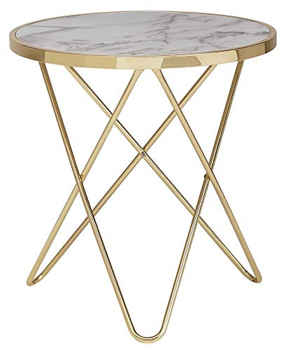Wohnling Design Beistelltisch Marmor Optik Weiß Rund Ø55 cm Gold Metallgestell, Kleiner Wohnzimmertisch, Couchtisch
