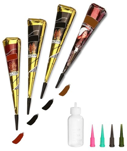 Temporary Tattoos Kit, 4Pcs Semi Permanent Tattoo Paste Cones, India Body DIY Art Painting for Women Men teens, Summer Trend Hand Plaste with 3 Colors(1Pc Bottle,4Pcs Nozzles)20Pcs Adhesive Stencil