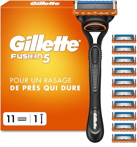 Gillette Rasoir Homme Fusion 5, avec 11 Cartouches, Noir – Manche Réutilisable, Tête de Rechange à 5 Lames en Acier Inoxydable pour un Rasage Confortable, Garde-Confort à Micro-Lamelles