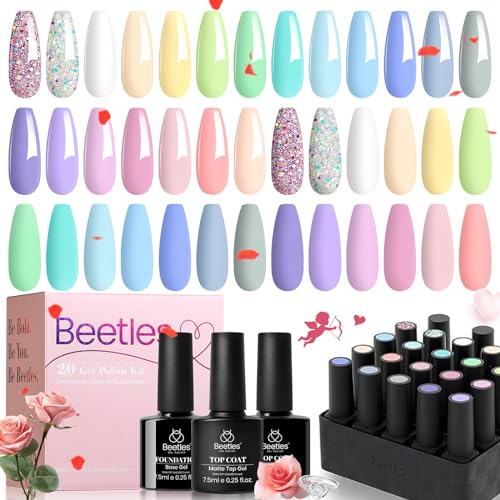 Beetles Gel Nail Polish - 20 Pcs Pastel Paradise Soak Off, Nude Gray Pink Blue Glitter Gel Polish Starter Kit with Glossy Matte Top Base Gel Coat Manicure Kit