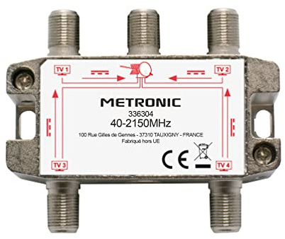 Metronic 336304 - Distribuidor de TV, Divisor coaxial, DVB-T2 y satélite, Divisor Antena TV, blindado, metálico 1 Entrada - 4 Salidas F