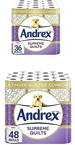 Andrex Supreme Quilts Quilted Toilet Paper - 84 Toilet Roll Pack - 25% Thicker Than Before to Provide Ultimate Quilted Comfort with Unique Air Pocket Texture, 84 Toilet Rolls