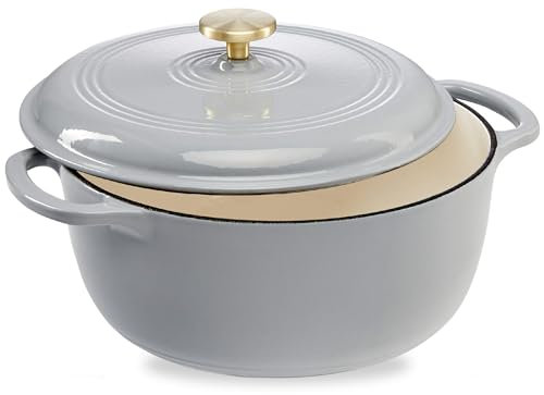 Best Choice Products 6 Quart Enamel Cast-Iron Round Dutch Oven, Family Style Heavy-Duty Pre-Seasoned Cookware for Home, Kitchen, Dining Room, Oven Safe w/Lid, Dual Handles - Light Gray