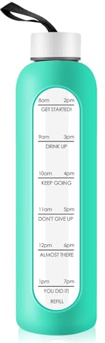 Gistome 1 Liter Glass Water Bottle with Stainless Steel Lid - 1000ml Sports Drinking Bottle with Time Marker, Reusable Shatterproof Silicone Case Bottle for Fitness Gym Outdoor Travel Workout (Green)