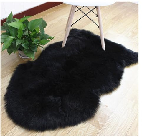 Hrlace Alfombra de piel de oveja sintética de piel de cordero, pelo largo, suave, mullida, de imitación, de lana, para sofá, silla, dormitorio, color negro, 60 x 90 cm