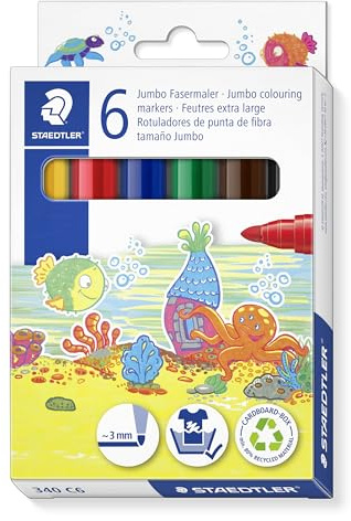 STAEDTLER Noris 340 Jumbo fibermålare, speciellt för små barns händer, kartongfodral med 6 jumbo fiberpenna i olika färger, 340 C6