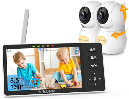 HelloBaby Babyphone mit 2 Kameras, 5,5 Zoll Geteilter Bildschirm,ohne WLAN, 320° Schwenken-120° Neige-Zoom, Infrarot-Nachtsichtkamera, ECO, Bis zu 1000ft,2 Wege Audio,Temp.-Zeit-Anzeige,8 Schlaflieder