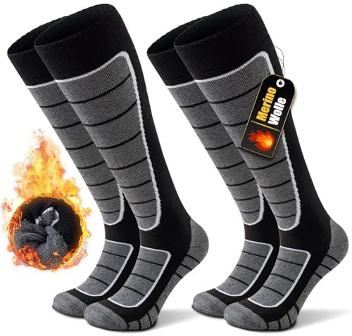 Stoeury 2 Paar Merinowolle Skisocken Herren Damen, Gepolsterte Skisocken, Bequeme Snowboard Socken, Warme Skistrümpfe, Thermosocken Wintersocken für Skifahren, Langlauf, Snowboarden, Schwarz, L