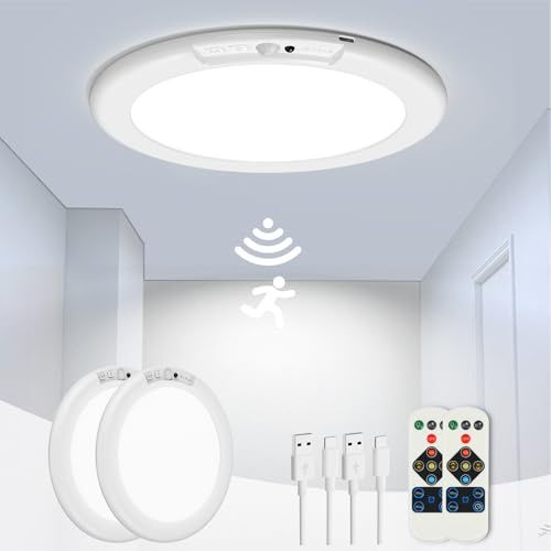 ORYAR 2 Pack Rechargeable Motion Sensor Ceiling Light, Wireless Ceiling Lights Battery Operated Closet Light with Remote, 500LM 3000K/4500K/6500K, 0.55″ Ultra Thin Lights for Bathroom Hallway Pantry