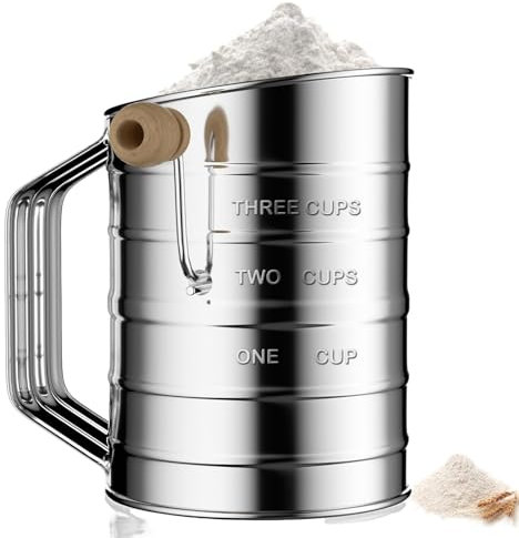 Regerly Setaccio Per Farina in Acciaio Inox 3 Cup - Spargifarina Rotante a Manovella Con Una Sola Mano Per Cacao e Zucchero a Velo