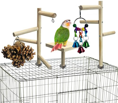 PINVNBY 3 PCS Wooden Small Bird Playground for Top of Cage, Wood Parrot Stands Perch Birds Gym with Hanging Chewing Toys Bird Cage Accessories for Parakeet Conure Love Birds Budgie