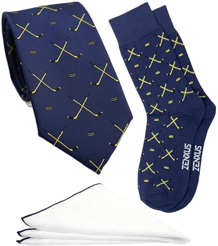 ZENXUS Ice Hockey Tie Set for Men, Pocket Square, Socks, Designer Navy Necktie
