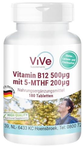 Vitamin B12 500μg 5-MTHF 200μg - 180 Tabletten - Methylcobalamin - aktive Folsäure - Hochdosiert - Bioverfügbar - Qualität aus Deutschland - ViVe Supplements