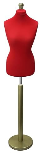 Display Guru Female Tailors Dummy Mannequin, Ideal for Dressmakers, Fashion Students, Shop Display, Red Torso Bust With Gold Wood Round Base (UK Size 8-10)