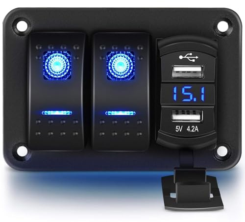 Greluma 2 gångs vippströmbrytare i aluminium med voltmeter och dubbel USB (4.2A) snabbladdning, blå bakgrundsbelyst LED, förkopplad IP65 vattentät för marin, båt, bil, lastbil (blå)