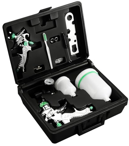 Nasedal HVLP Spray Gun Kit, 2pcs Spray Paint Gun 0.8mm 1.4mm Nozzle with Storage Case 150cc 60cc Cup Air Regulator Gauge, Paint Sprayer for House Painting, Furniture, Car, Primer, Sealers, Top Coat
