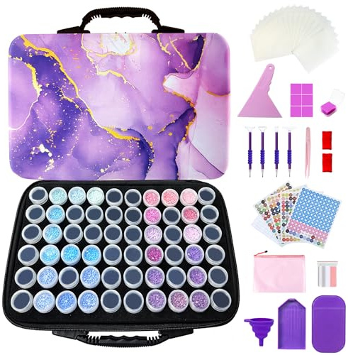 Fokenzary Diamond Painting Storage Containers 60 Slots Diamond Painting Kits Accessories and Tools Portable（Violet-Lite）