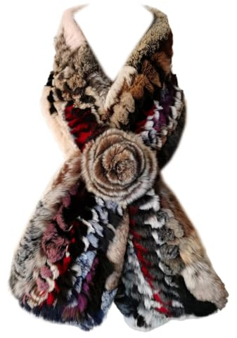 XUYUZUAU Sciarpe Invernali da Donna Ragazze Pelliccia di Coniglio Rex Vera Sciarpa con Fiore Scaldacollo Moda (Marrone)