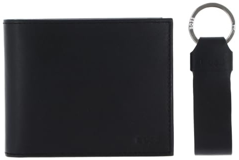 BOSS Leder Geldbörse Schlüsselanhänger Gift Set Trifold Wallet/Keyring Black schwarz