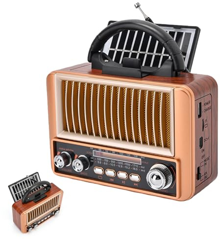 Radio portátil solar retro pequeña con Bluetooth, altavoz Bluetooth AM/FM/SW pequeño, radio vintage, radio de cocina, compatible con USB/TF/AUX función para senderismo, camping, dormitorio, oficina