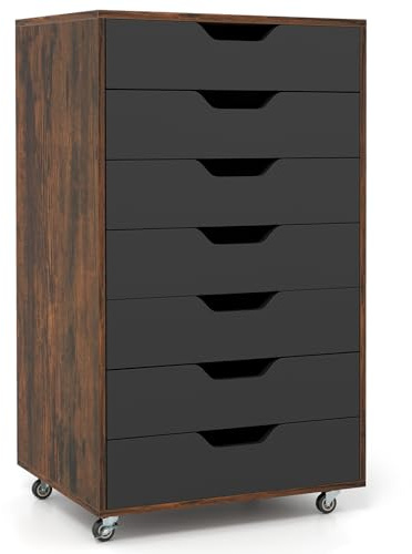 GIANTEX Rollcontainer mit 4 Schubladen & 2 Schränke, Aktenschrank mit Rollen, Schubladenschrank Holz unter Schreibtisch, Druckertisch für Zuhause & Büro (Schwarz + Braun,49 x 40 x 87 cm)