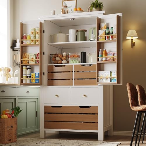 Oslghy Küchenschrank Hochschrank, Küchenbuffet Buffetschrank mit Stauraum Lagerregal Türen, Vorratsschrank, Aufbewahrungsmöbel mit 5 Schubladen für Küche, Wohnzimmer, Esszimmer, 80×40×140cm (Weiß)