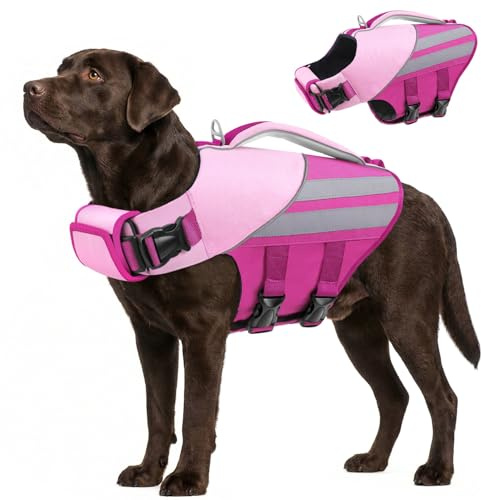 Queenmore Large Dog Life Jacket, Adjustable Dog Life Vest for Swimming