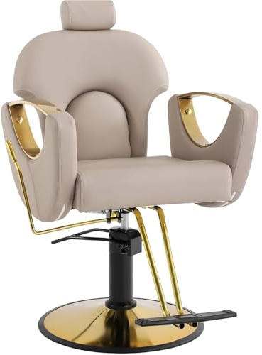 Drmilito Silla de peluquería Sillón Profesional Silla Barberia Beige | Giratoria 360°con Altura Regulable Reposacabezas Ajustable y Reposapiés para Salón de SPA y Belleza, Barbería, Carga 150 kg