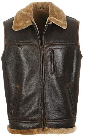 Lamb Fur Vest - FIRMINIUS with Collar Men's Vest Made Merino Sheepskin and Real Leather - Brown, S