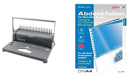 Genie CB 850 Spiralbindegerät (bis 350 Blatt, DIN A4, Inkl. 75-teiligem) silber/schwarz & Genie 12385 Deckblätter (DIN A4, glasklar, 150 Micron, geeignet für alle Bindegeräte) 25 Stück transparent