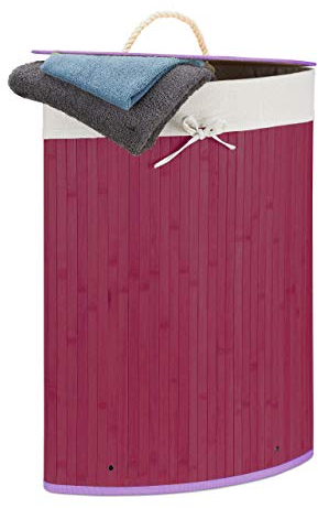 Relaxdays Eckwäschekorb Bambus, Faltbare Wäschebox 60 l, platzsparend, Wäschesack Baumwolle, 65 x 49,5 x 37 cm, violett
