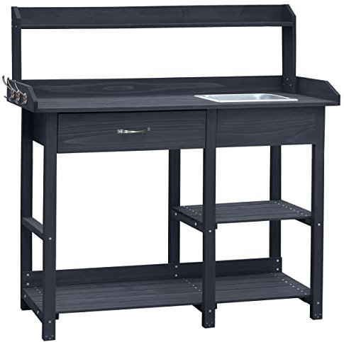 MUPATER Potting Bench Garden Table for Outdoors with Removable Stainless Sink, Planting Work Bench with Storage Shelves and Drawer, Grey