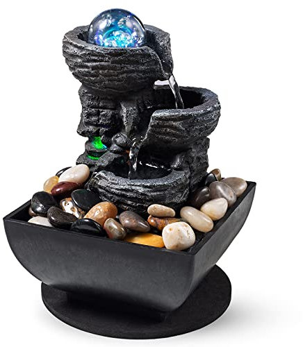 Tabletop Fountain Indoor Waterfall Meditation Fountain Like Layers of Rock Desktop Water Feature Includes Many Natural River Rock LED Lights Rolling Decorative Bubble Balls