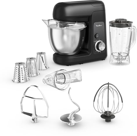 Moulinex Bake Partner, Robot pâtissier, Puissance 1100 W, Bol inox 4,6L, Batteur, Fouet, Pétrin, Blender, Découpe-légumes, Résultat homogène, Noir, QA522810