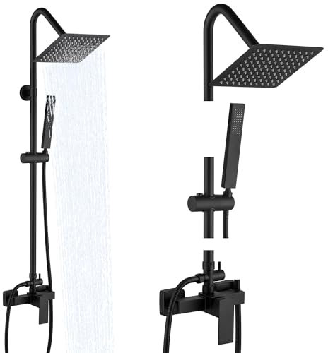 LIWEIKE Rubinetto doccia completo nero, set completo con doccetta nera opaca con sistema doccia con soffione a pioggia e soffione quadrato da 8 pollici