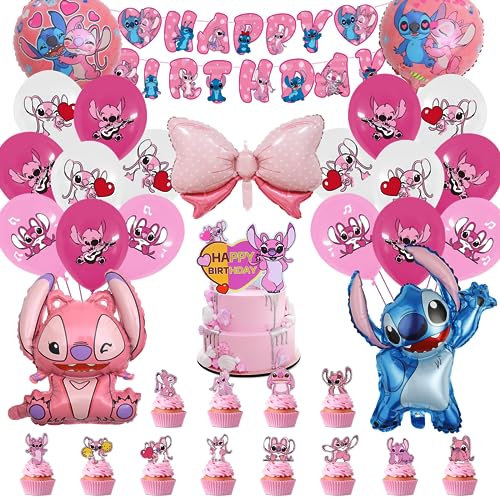 Stitc Geburtstagsdeko, 49 Stück Stitc Deko Geburtstag, Stitc Tortendeko, Stitc Luftballon, Stitc Folienballons, Stitc Thema Party Dekoration, Mädchen, für Kindergeburtstage und Hochzeitsfeiern