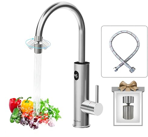 Briwellna wasserhahn mit durchlauferhitzer 220V elektrische wasserhahn 360 Grad Rotieren und Digitalanzeige,Warmwasserhahn mit Universelle Düse (Silber)