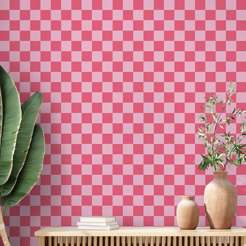 Drydiet Papier peint à carreaux rétro des années 70, papier contact à carreaux géométriques, imperméable, décoration neutre pour armoire de salle de bain (25 x 40 cm, rose)