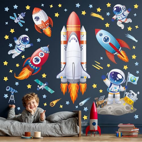 DECOWALL SG2-2416 raketer och astronauter väggtatuering rymden väggklistermärke barnrum heminredning barn baby pojkar sovrum lekrum mörka stjärnor måne planeter
