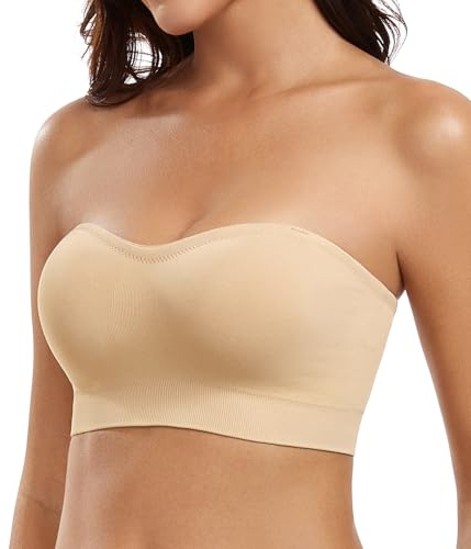 DotVol Women's Wirefree Padded Bandeau Strapless Bra Plus Size(Beige,XXL)
