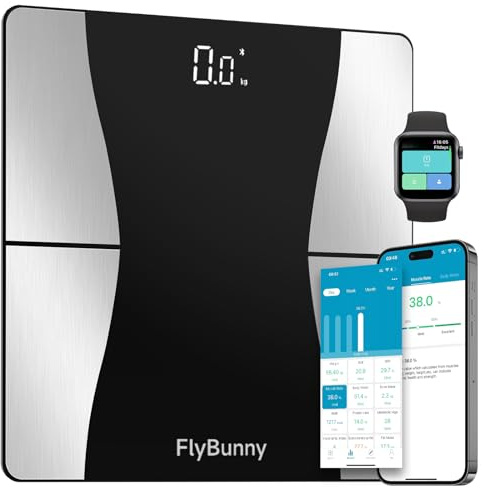 FlyBunny Pèse-personne impédancemètre Bluetooth avec application – Balance connectée jusqu’à 180 kg, écran numérique, analyse IMC et musculaire, 18 données corporelles