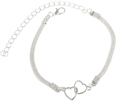 Doppelherz Fussketten Für Frauen,Modisch Fusskettchen Damen,Summer Beach Style,Frauen Fuß Zubehör,Wasserdichte Fußkettchen,Geeignet Für Ein Mädchen Geburtstag Geschenk Party Urlaub Geschenk (Silber)